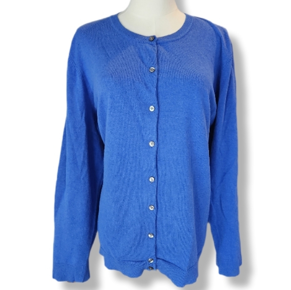 Karen Scott Woman Classic Crew Neck Long Sleeve Blue Cardigan Sweater 2X